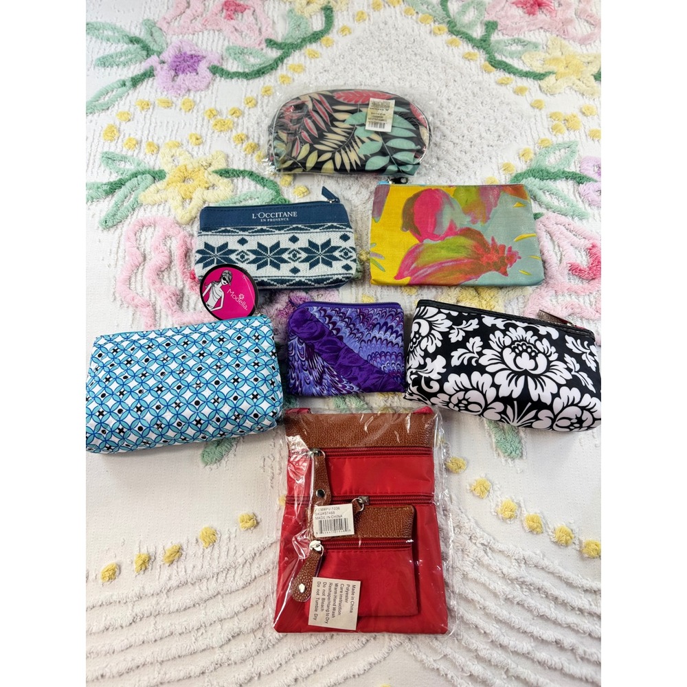 Lot of 7 Cosmetic Bags Travel Pouches L'Occitane Modella Floral Geometric Red